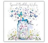 Nigel Quiney Artistic Open Female 'Happy Birthday' Greeting Card - Butterfly Jar Illustration - With A Silver Foil Finish - From The Pizazz Range - For Her