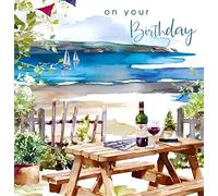 Nigel Quiney Birthday Card for Him - Watercolour Coastal Pub Bench Design - Happy Birthday Greeting Card for Men - Foil Finish (NQ9535)