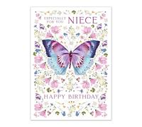 Nigel Quiney Birthday Card for Niece - Floral Butterfly Design - Premium Greeting Card with Envelope for Women or Girls