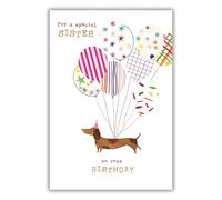 Nigel Quiney Birthday Card for Sister - Cute Sausage Dog and Balloon Design - Foil Finish - Animal Birthday Greeting Card for a Special Sister - For Her