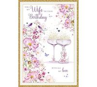 Nigel Quiney Birthday Card for Wife - Champagne & Flowers Design - Premium Beautiful Birthday Greeting Card with Envelope