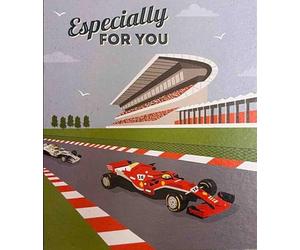 Nigel Quiney Birthday Greeting Card, Formula Racing Car Track Design, 'Especially for You' with Envelope
