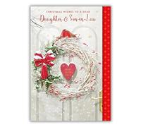 Nigel Quiney Christmas Card for Daughter & Son-In-Law - Festive Robins & Wreath in the Snow - Gold & Red Foil Finish - Premium Special Christmas Greeting Card with Envelope