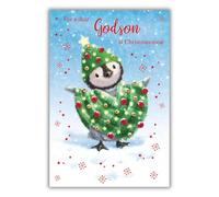 Nigel Quiney Christmas Card for Godson - Cute Baby Penguin in the Snow - Premium Special Festive Christmas Greeting Card with Envelope