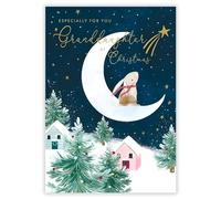 Nigel Quiney Christmas Card for Granddaughter - Cute Festive Bunny Rabbit, Stars & Moon in the Snow - Gold Foil Finish - Premium Special Christmas Greeting Card with Envelope