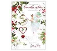 Nigel Quiney Christmas Card for Granddaughter - Festive Fairy & Bauble - Silver Foil Finish - Premium Special Elegant Christmas Greeting Card with Envelope