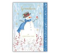 Nigel Quiney Christmas Card for Grandson - Festive Snowman & Robin in Winter Scene - Gold & Red Foil Finish - Premium Special Christmas Greeting Card with Envelope