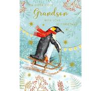 Nigel Quiney Christmas Card for Grandson - Penguin and Sleigh Scene - Foil Finish - Artistic Christmas Greeting Card for a Cool Grandson - For Boys