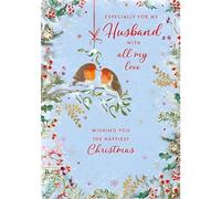 Nigel Quiney Christmas Card for Husband - Romantic Robins & Mistletoe in the Snow - Premium Festive Christmas Greeting Card with Envelope