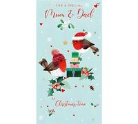 Nigel Quiney Christmas Card for Mum & Dad - Festive Robins & Holly in the Snow - Red Foil Finish - Premium Special Christmas Greeting Card with Envelope