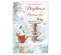 Nigel Quiney Christmas Card for Neighbours - Festive Robins & Garden in the Snow - Red Foil Finish - Premium Special Christmas Greeting Card with Envelope