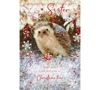 Nigel Quiney Christmas Card for Sister - Cute Hedgehog in the Snow - Red Foil Finish - Premium Festive Christmas Greeting Card with Envelope