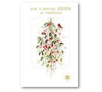 Nigel Quiney Special Sister Christmas Card - Watercolour Robin and Berry Bouquet Embossed with Foil Details - Eco-Friendly and Recyclable