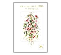 Nigel Quiney Special Sister Christmas Card - Watercolour Robin and Berry Bouquet Embossed with Foil Details - Eco-Friendly and Recyclable