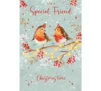 Nigel Quiney Christmas Card for Special Friend - Cute Robins in the Snow - Red Foil Finish - Premium Festive Christmas Greeting Card with Envelope