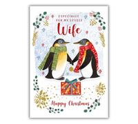 Nigel Quiney Christmas Card for Wife - Cute Penguins Design - Foil Finish - Festive Christmas Greeting Card for a Lovely Wife