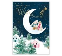 Nigel Quiney Christmas Card for Wife - Festive Bunny Rabbit, Stars & Moon in the Snow - Gold Foil Finish - Premium Special Christmas Greeting Card with Envelope