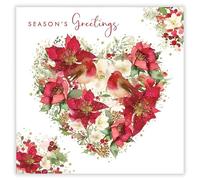 Nigel Quiney Christmas Card for Women - 'Season's Greetings' - Festive Poinsettia Heart & Robins - Premium General Christmas Greeting Card with Envelope