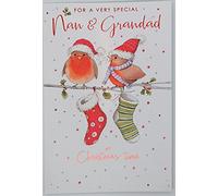 Nigel Quiney Christmas Greeting Card - 'Nan and Grandad' - Robins and Stockings - With a Red Foiled Finish
