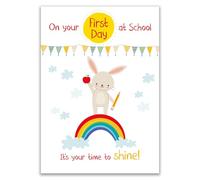 Nigel Quiney Congratulations Card On Your First Day at School - Cute Bunny Rabbit & Rainbow - Premium Greeting Card with Envelope