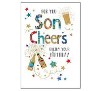 Nigel Quiney Contemporary Male Relation 'Happy Birthday' Greeting Card - Son Cheers - From The Party Time Range - With A Gold Foil Finish