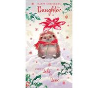 Nigel Quiney Daughter Christmas Card - Snowy Hedgehog Holding Poinsettia Flower with Foil Details - Eco-Friendly and Recyclable