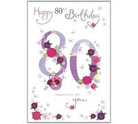 Nigel Quiney Female 80th Birthday Card (NQ-HS258) - Knitted Age 80 and Floral Basket - Flitter Finish