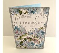 Nigel Quiney Female Floral November Birthday Card - On Your November Birthday - Hydrangea Flowers and Embossed Foil - Eco-Friendly & Recyclable