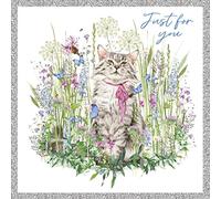 Nigel Quiney General Female Birthday Card for Women/Girls - Grey Tabby Cat in Meadow with Silver Foil - Eco-Friendly & Recyclable - Made in Britain