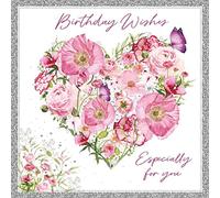 Nigel Quiney General Female Birthday Card for Women/Girls - Pink Floral Heart with Silver Foil - Eco-Friendly & Recyclable - Made in Britain