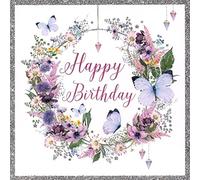 Nigel Quiney General Female 'Happy Birthday' Card - Pretty Floral Hoop and Butterflies - Foil Finish - for Her - The Pizazz Range