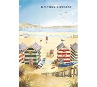 Nigel Quiney General Male 'Happy Birthday' Card - Illustrated Seaside Beach Huts Coastal Scene Design - With A Blue Foiled Finish - for Him, 197 x 133mm