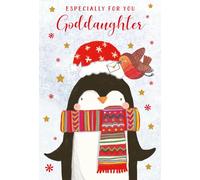 Nigel Quiney Goddaughter Christmas Card, Single - Christmas Cards with Penguin and Robin Design and Special Finish for Children - Eco-Friendly Xmas Cards with Envelope