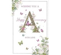 Nigel Quiney Happy Anniversary Greeting Card, Floral Initial A Design with Glitter Detail, Butterfly Theme, with Envelope