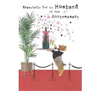 Nigel Quiney Husband Anniversary Greeting Card, Champagne Celebration with Waiter Dog Design, Romantic Message Inside