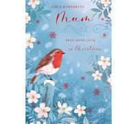 Nigel Quiney Mum Christmas Card, Single - Christmas Cards 2024 with Robin and Winter Flowers Artistic Festive Floral Design and Special Finish - Eco-Friendly Xmas Cards with Envelope