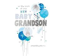 Nigel Quiney New Baby Grandson Card, Blue Balloon Design with Elephant and Bunny Motifs.