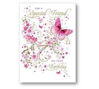 Nigel Quiney Special Friend Female Birthday Card - Pink Butterfly and Flowers - Eco-Friendly and Recyclable