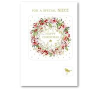 Nigel Quiney Special Niece Christmas Card - Winter Wreath and Stars Embossed with Foil Details - Eco-Friendly and Recyclable