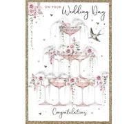 Nigel Quiney Wedding Day Card, Champagne Glass Tower with Pink Roses, Congratulations Greeting Card