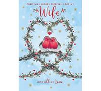 Nigel Quiney Wife Christmas Card - Robins in Love Heart Wreath with Foil Finish - Eco-Friendly and Recyclable