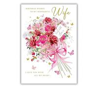 Nigel Quiney Wonderful Wife Birthday Card - Happy Birthday Card for Women with 'Sent With Love' Floral Bouquet and Butterflies Design with an Embossed Foil Finish