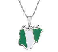 Nigeria Map Flag Pendant Necklaces Gold Color Nigerian Maps Jewelry Patriotic(Silver Color,45cm)