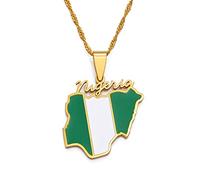 Nigeria Map With Flag Fashion Pendant Necklaces,Nigerian Necklaces Amulets For Women And Men,Hip Hop Style Party, Gold,45Cm Chain