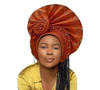 Nigerian Luxury Aso Oke Headtie, African Headgear Women Headbands Head Wrap Turban Cap Auto Gele Headscarf For Party, Orange, 1 Count (Pack of 1)