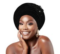 Nigerian Round Gele Autogele Turban Headtie for Wedding Party Women African Headwrap - Black