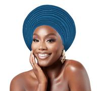 Nigerian Round Gele Autogele Turban Headtie for Wedding Party Women African Headwrap - Turquoise Blue