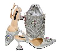 Nigerian Wedding Heels Rhinestone Bag Set Women's Italian Stlye Party Pumps with Matching Clutch for Bridal Silver