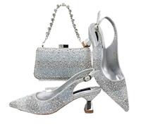 Nigerian Women Heel Party Italian Design Shoes and Bag Set Decorated with Rhinestone Handbag Wedding Party Silver