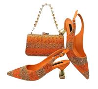 Nigerian Women Heel Party Italian Design Shoes and Bag Set Decorated with Rhinestone Handbag Wedding Party Orange